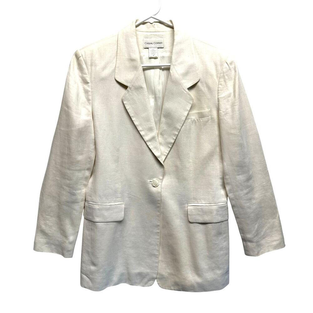 Vintage‎ Casual Corner Long Line Women Blazer 100% Linen Cream Lagenlook Resort